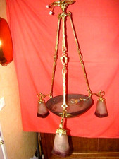 lustre en pâte de verre 1 coupe et 3 tulipes signé "Degué" avec monture bronze