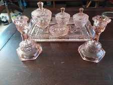 ENSEMBLE DE TOILETTE ANCIEN ART DECO VERT ROSE MANGANESE 7 PIECES OLD GLASS 