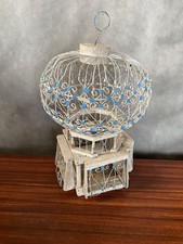 Ancienne Cage A Oiseaux Montgolfière Bois + Metal Blanc Bleu Deco Vintage #C116