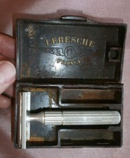 Rasoir à main art déco aluminium LERESCHE FRANCE dans son coffret bakélite
