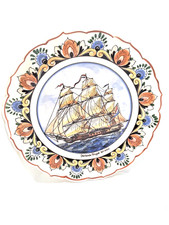 Assiette Murale Delft Motif Nautique Voilier Frégate Vintage Fait Main Rare