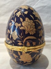 Gros Oeuf En Porcelaine Bleu Cobalt Et Or Décor Fleurs Peint A La Main Ht 11Cm