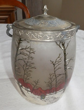 ANCIEN POT A BISCUITS EN VERRE EMAILLE LEGRAS NON SIGNE BEAU DECOR DE NEIGE