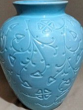 VASE CÉRAMIQUE ART VINTAGE RÉTRO CHINOIS ANTIQUE DÉCOR ARABESQUES BLEU LUMINEUX