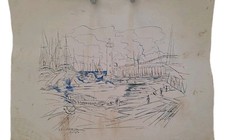 Peinture Aquarelle Paysage Marin bateau "Antibes Au Phare "Tableau Vintage Signé