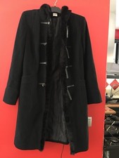Caban Manteau Long Camaieu Noir T 42 Capuche Fourrurre Poches 70% De Laine