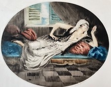 Gravure Art déco, signée William Ablett "Jeune femme à la méridienne"