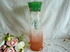 Ancien vase en verre émaillé semi opaque décor floral fleurs dorure 29cm
