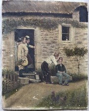 Tableau Peinture Ancienne Huile Paysage personnage  Début XIXème Siècle