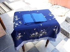 Service à Thé Nappe Serviettes VINTAGE Brodé Vichy Bleu XFUX 07