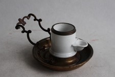 Ancien encrier à pompe en porcelaine et laiton porte-plume (44898)