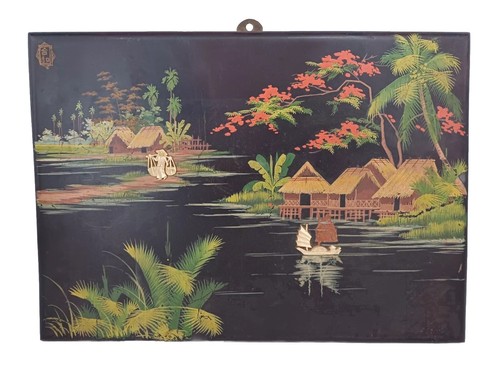Tableau indochine bois laqué - tableau,