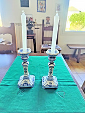 Paire d'anciens bougeoirs chandeliers en faïence bleu de Delft