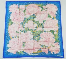 Foulard HERMES Carre 90 Les Pivoines bleu pivoine rose fleurie bon état