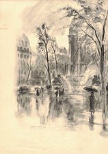 Berthold Mahn Dessin le Châtelet Paris estampe signée rehauts à l'encre de chine