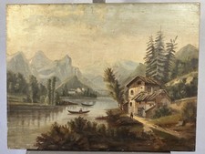 Huile sur toile vers 1850 paysage de montagne chalet au bord d'un lac Suisse ?
