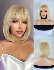Perruque Femme Synthétique Blonde Platine Or Courte Lisses Avec Frange +Cadeau