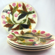 4 ASSIETTES BARBOTINE "Les Cerises" Céramique Ancienne, onnaing/sarreguemines...