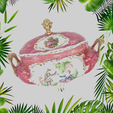 Soupiere ancienne porcelaine faience rouge ovale decor fragonard italie XXe