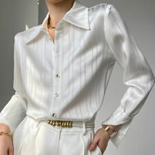 Femme Satin Faux Chemisier Soie Haut Chemises Rayé Mode Rétro Souple Bouton