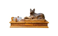 Antique Walnut Card Box with German Shepherd Sculpture, Signed A. Boutillon