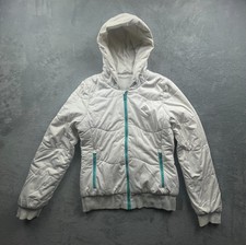Veste Adidas blanche matelassée femme – capuche, fermeture turquoise, chaude et