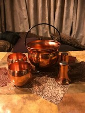  Coppercraft Guild Copper  Cups, 3-Footed Bowl With Handle And Salt / Pepper Set