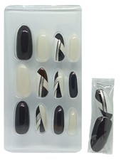 24 faux ongles noirs et blancs - amande - paillettes   - Royal Mystique Almond 