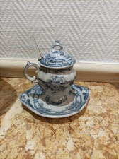 Ancien Moutardier En Porcelaine Sarreguemines Modèle Cérès Avec Sa Cuillère 