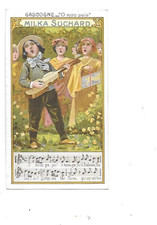Chromo ancien publicité chocolat Suchard chanson Gascogne O mon païs musiciens