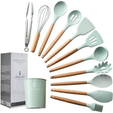 Set Ustensiles de Cuisine en Silicone avec Boîte de Rangement Manche en Bois