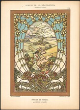 1900 Lithographie Art nouveau Vitrail paysage champêtre Lehner et Mader