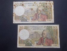Lot 2 Monnaies Billets Banque FRANCE 10 francs Voltaire Cf description (SX)