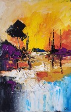 Tableau original de Sic 24X16 cm abstrait Peint au couteau " Lueurs  d'automne"