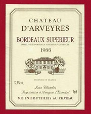 82/11 Etiquette Label BORDEAUX SUPÉRIEUR CHÂTEAU D'ARVEYRES 1988 Jean CHATELIER 