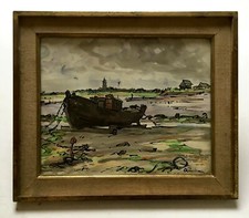 Aquarelle ancienne signé, dédicacée et datée 1952, Bateau de pêche à marée basse