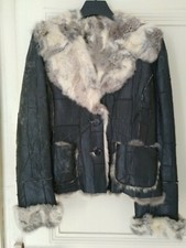 Veste coupe tailleur cuir noir lapin gris taille 36