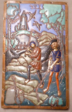 tableau ancien sur cuivre « MOISSON » personnages moyennageux, émaux de couleur