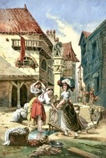 Drei Mädchen am Brunnen - Dessin ancien Gouache Félix HAFFNER (1818-1875)