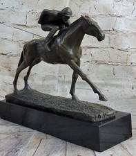Figurine De Statue En Bronze De Jockey À Cheval Sur Socle En Marbre