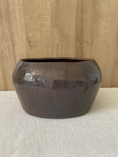 Ancien cache pot terre cuite émaillé marron