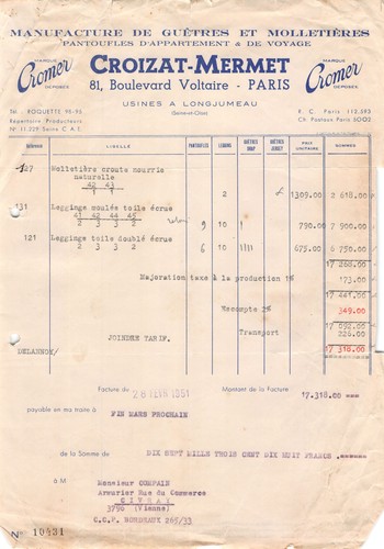 Facture 1951 manufacture de - ,