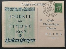 CARTE PREMIER JOUR JOURNÉE DU TIMBRE N° 508 PÉTAIN OBLITÉRÉ REIMS 1942
