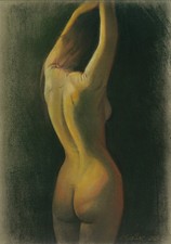 belle femme nue de dos , dessin original A4 oeuvre pastel moderne NUDE AKT