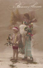 CP BONNE ANNEE FEMME MANCHON