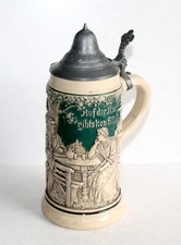 JOLIE ANCIEN GRAND CHOPE DE BIERE ALLEMANDE GRES EMAILLÉ, PERSONNAGE FEMME, 50cl