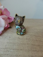 Rare figurine de chat miniature cloisonné marron vintage, motif fleurs