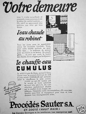 PUBLICITÉ 1965 PROCÉDÉS SAUTER SA. CHAUFFE EAU CUMULUS L'EAU CHAUDE AU ROBINET