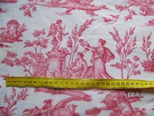 ANCIEN COUPON DE TISSU STYLE JOUY  MOTIFS ROUGE FOND ECRU BLANC  - J 46