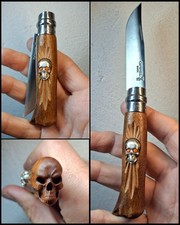 Couteau Sculpté En Noyer OPINEL  N°8 Crâne Argent Massif Et Crâne Sculpté Knife